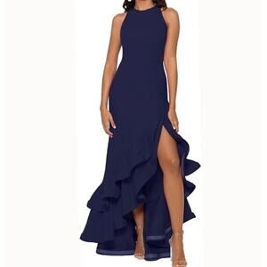 NWT Betsy & Adam Arielle Scuba Crepe Ruffle Dress Women's Blue Size 4
